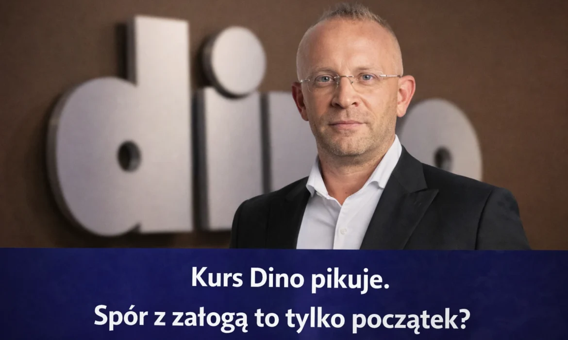 Prezes Dino na tle logo firmy - kurs akcji Dino spada, konflikt wewnętrzny i spór z załogą mogą eskalować.