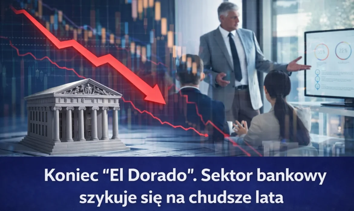 Sektor bankowy w Polsce wchodzi w trudniejszy okres - spadkowe wykresy, bank i narada menedżerów
