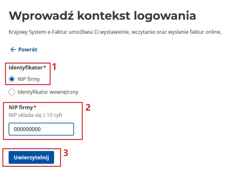 KSeF - Wprowadź kontekst logowania (NIP)