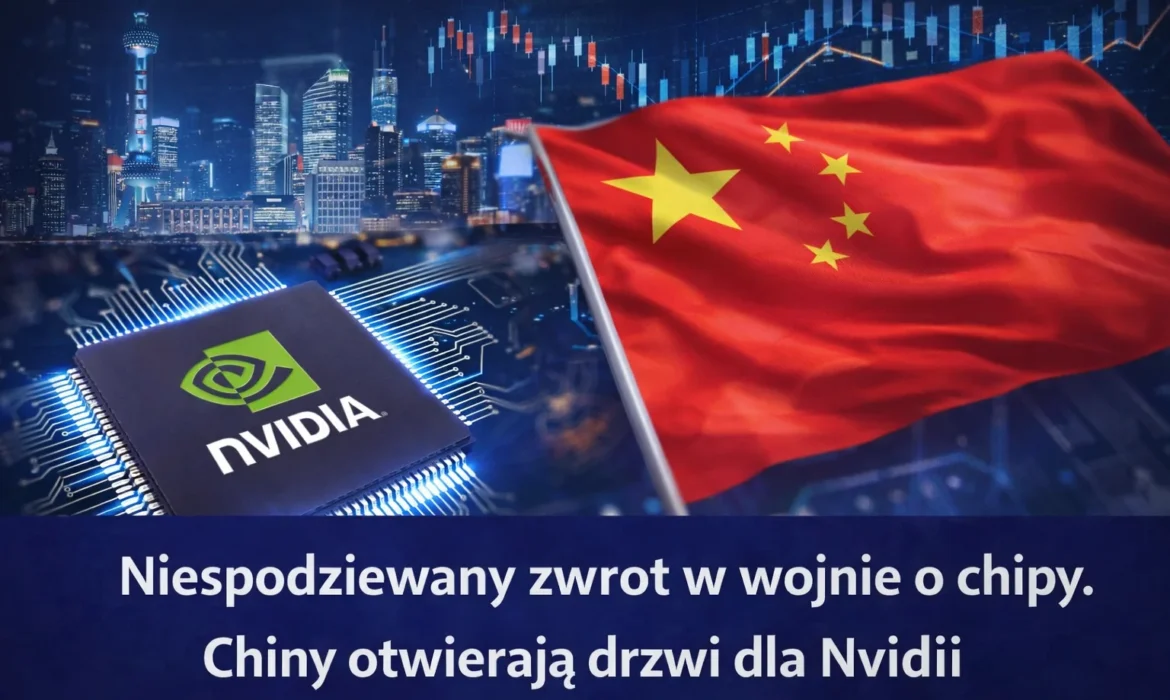 Układ scalony Nvidia na tle chińskiej flagi i giełdowego wykresu - niespodziewany zwrot w globalnej wojnie o chipy i nowe otwarcie Chin na amerykańskiego producenta