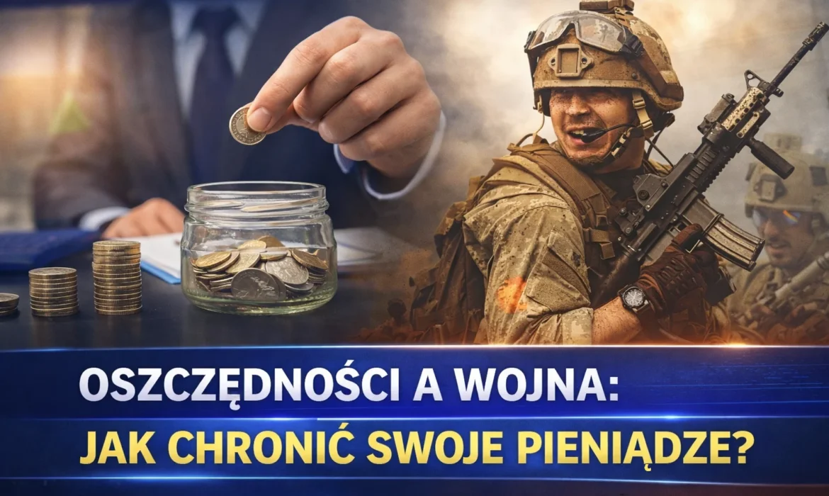 Grafika przedstawiająca oszczędzanie pieniędzy oraz żołnierza na tle konfliktu zbrojnego - ilustracja artykułu o ochronie oszczędności w czasie wojny i kryzysu gospodarczego