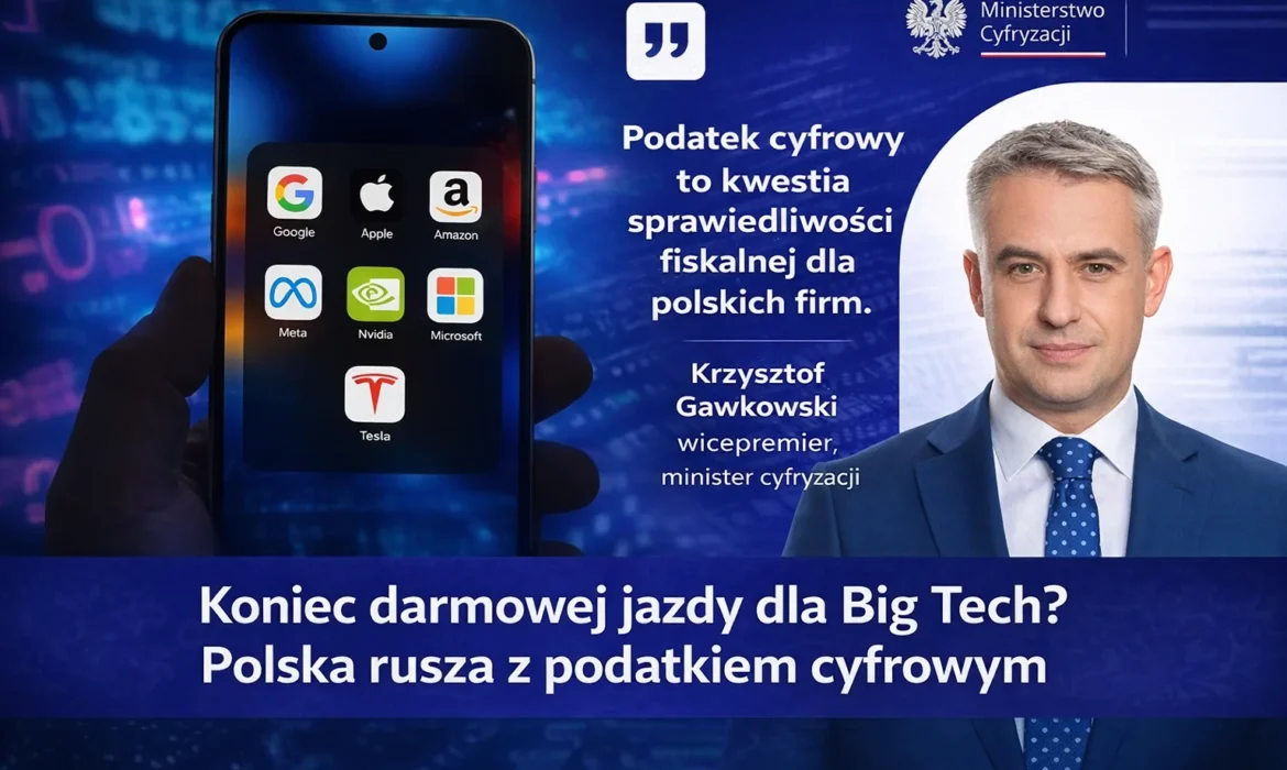 Podatek cyfrowy w Polsce - koniec darmowej jazdy dla Big Tech, smartfon z ikonami firm i Krzysztof Gawkowski