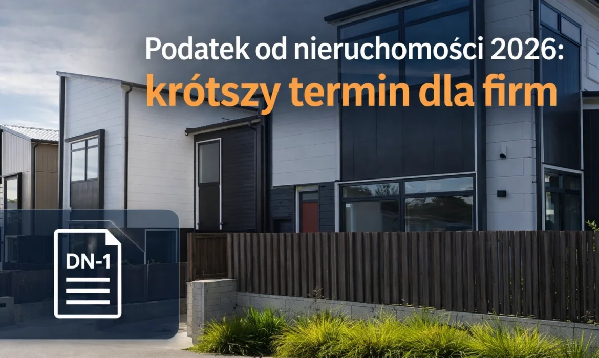 Nowoczesna zabudowa mieszkaniowa ilustrująca zmiany w podatku od nieruchomości w 2026 roku i krótszy termin składania deklaracji DN-1 przez firmy.