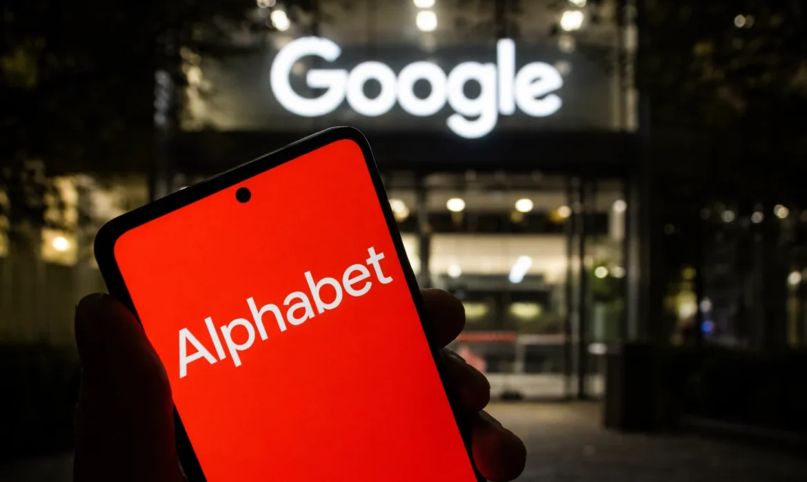 Smartfon z logo Alphabet na czerwonym ekranie na tle podświetlonej siedziby Google nocą