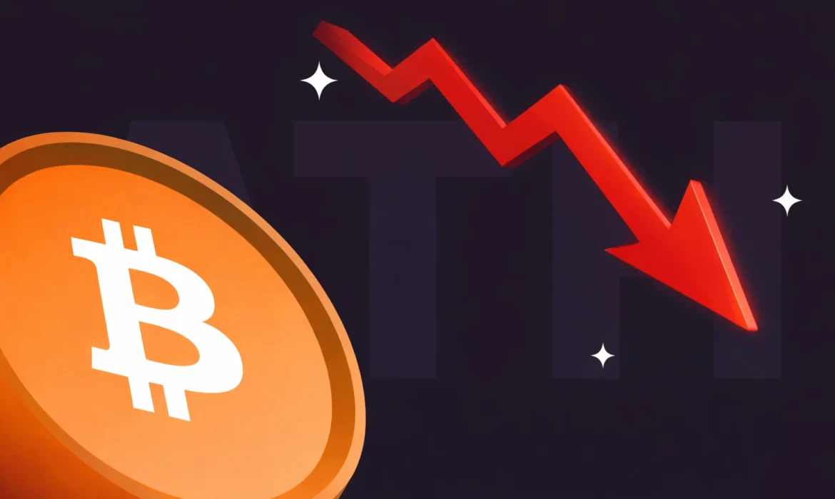 Spadki Bitcoina na rynku kryptowalut - czerwona strzałka w dół