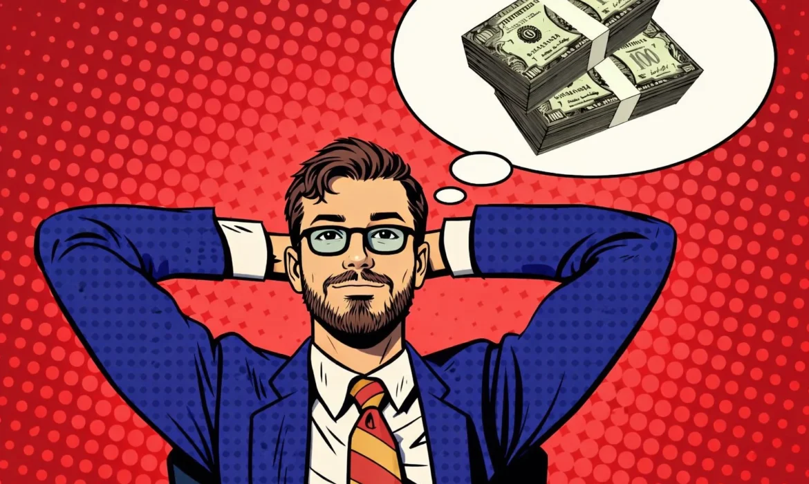 Biznesmen w garniturze myśli o pieniądzach ilustracja pop art