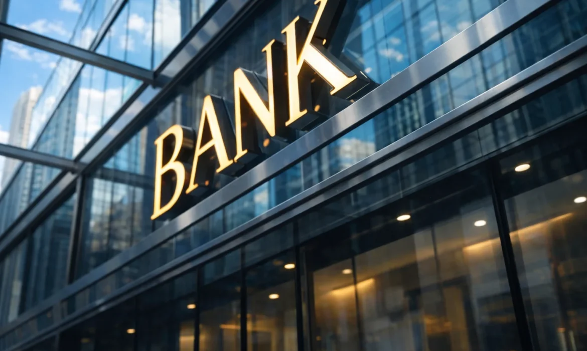 Nowoczesna szklana siedziba banku z logo BANK na tle błękitnego nieba i słonecznej pogody, sektor finansowy i bankowość