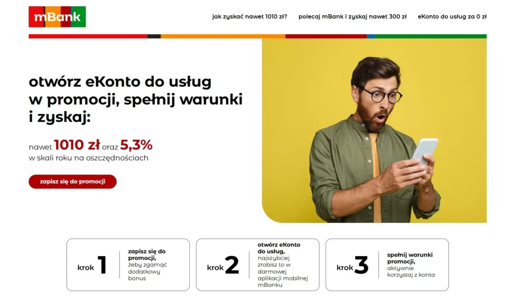 mBank: 1010 zł premii za eKonto do usług